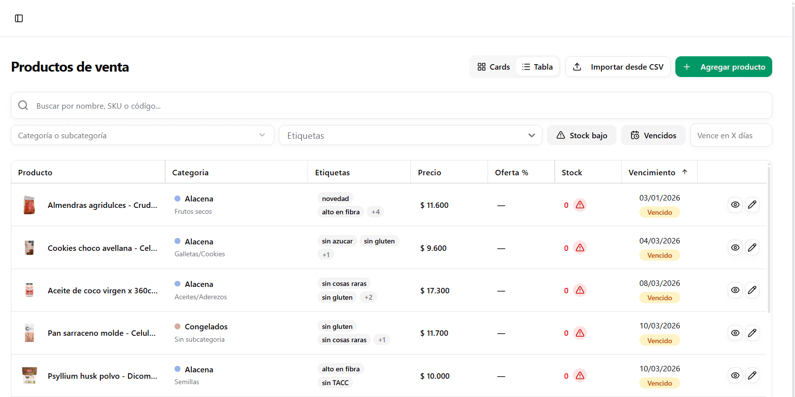 Vista de módulo de inventario con tabla de productos